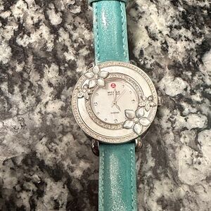 Michele Teal Strap Watch with Floral Accents